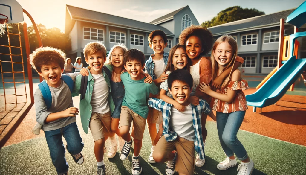 importância de boas amizades Preparar seu filho para a escola - um grupo de crianças em um parquinho feliz por ter se reencontrado na escola